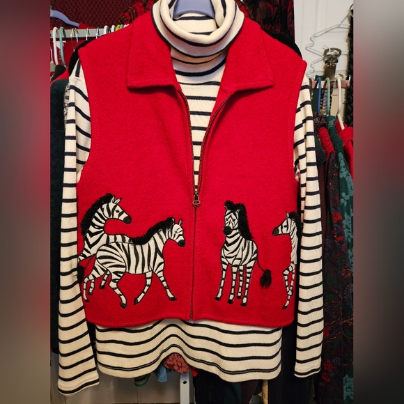 Carina Sweaters - #121 Carina- Vintage Red Sweater Vest with Zebra appliques +bonus Striped Top
